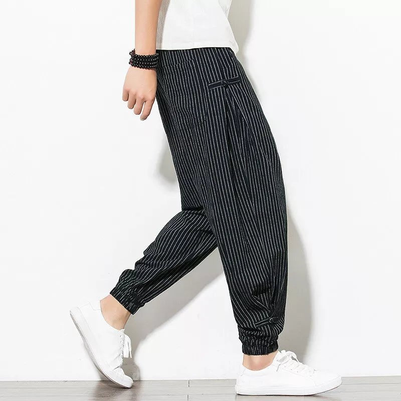 Men's Pinstripe Joggers with Drawstring Waist - Elastic Cuffs