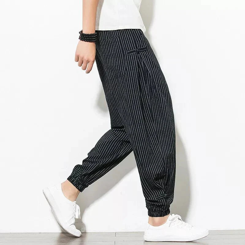 Men's Pinstripe Joggers with Drawstring Waist - Elastic Cuffs