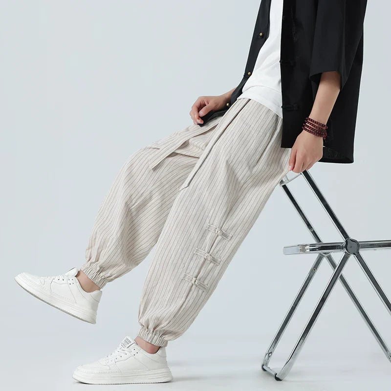 Men's Pinstripe Joggers with Side Buckle Details