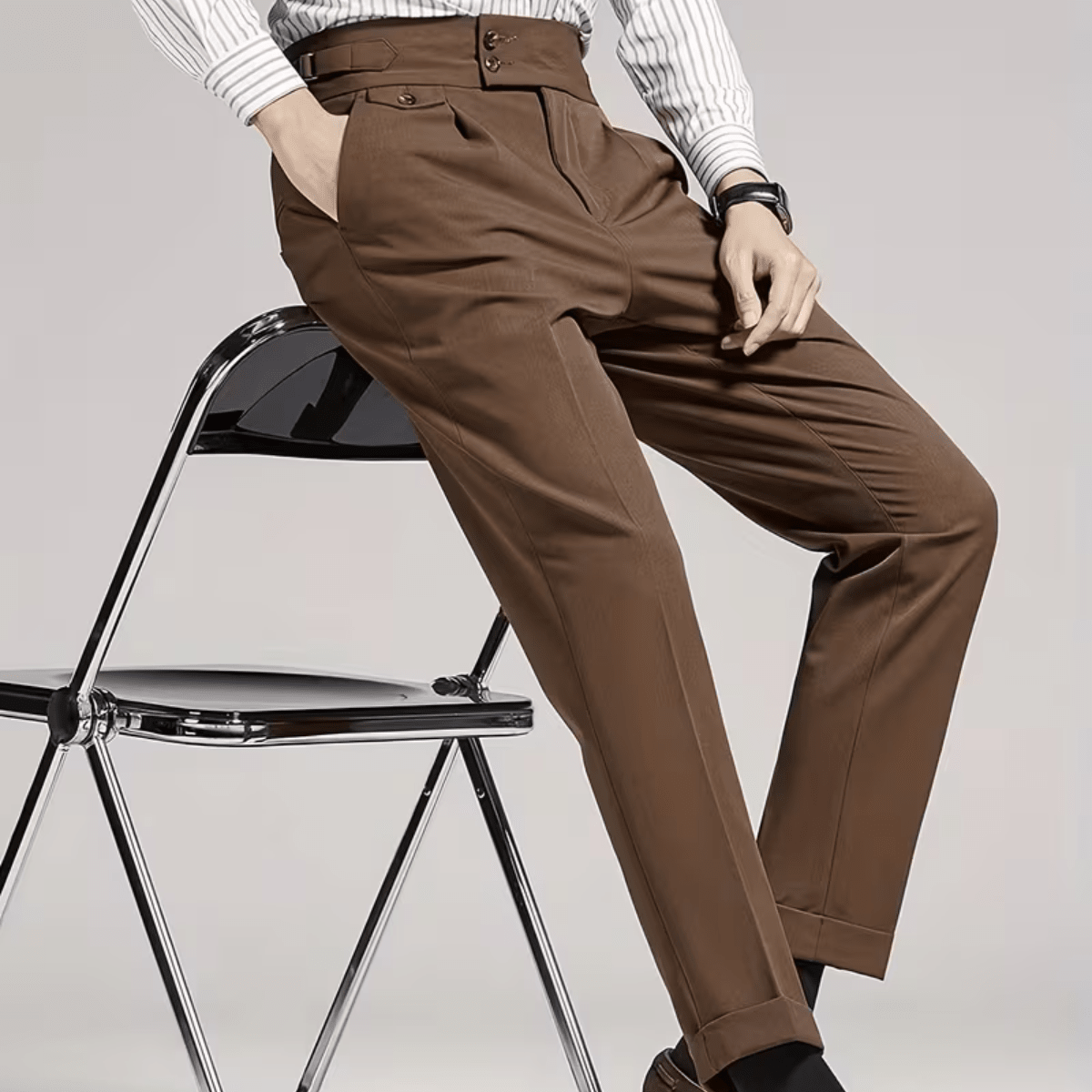Men’s Pleated Dress Pants with High Waist and Double Button Waistband