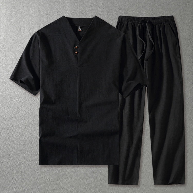 Men’s Relaxed Two - Piece Casual Set – Short Sleeve Shirt and Drawstring Trousers
