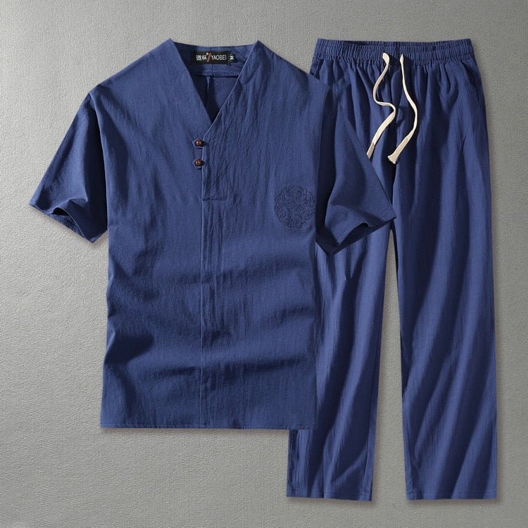Men’s Relaxed Two - Piece Casual Set – Short Sleeve Shirt and Drawstring Trousers