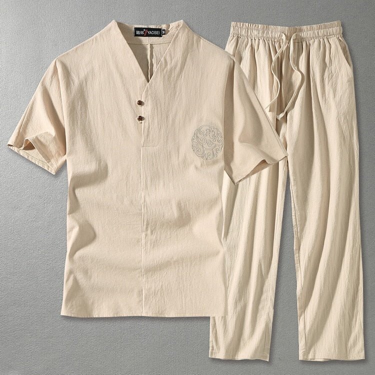 Men’s Relaxed Two - Piece Casual Set – Short Sleeve Shirt and Drawstring Trousers