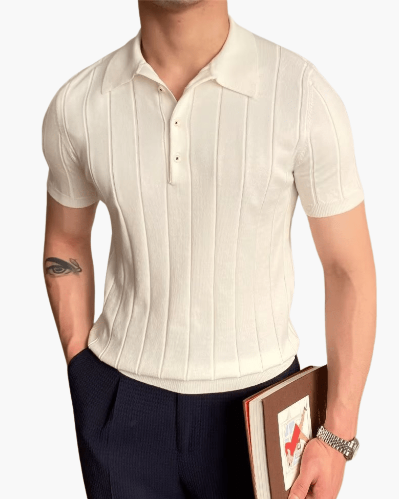 Men’s Ribbed Short Sleeve Polo Shirt with Button Placket