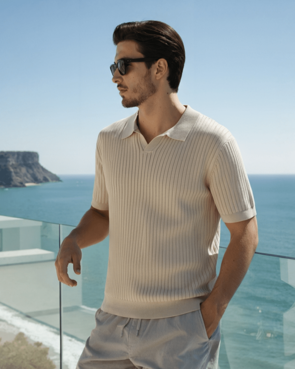 Men’s Ribbed Short Sleeve Polo Shirt with Open Collar