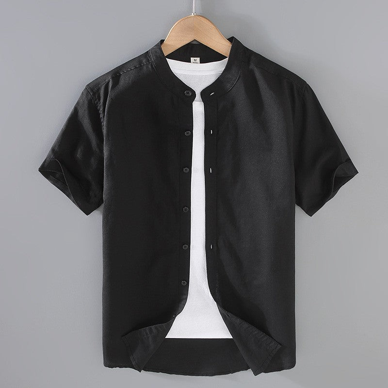 Chemise à col band avec boutons à manches courtes en mélange de lin pour hommes