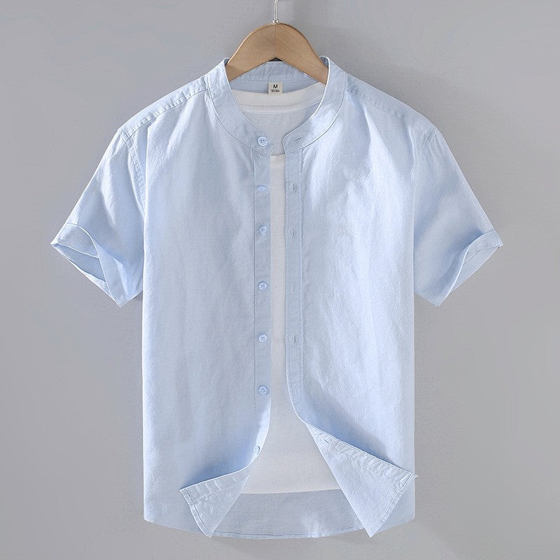 Chemise à col band avec boutons à manches courtes en mélange de lin pour hommes