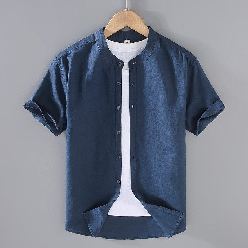 Chemise à col band avec boutons à manches courtes en mélange de lin pour hommes