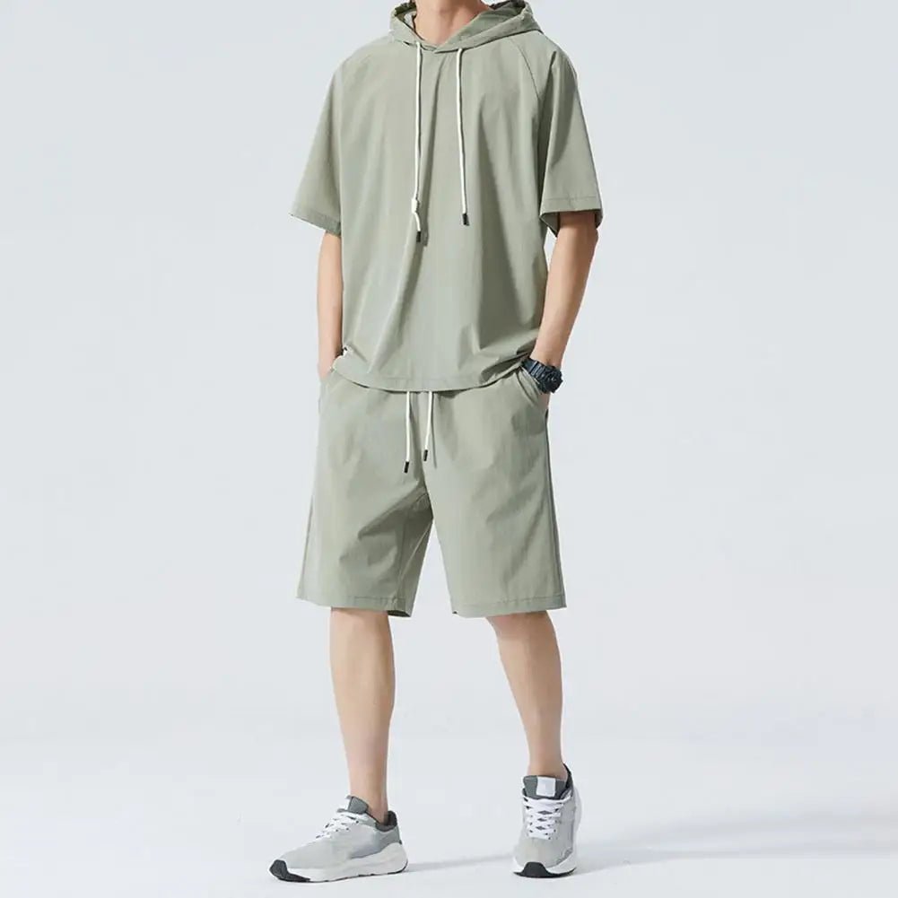 Men's Short Sleeve Hoodie Two Piece Set with Shorts