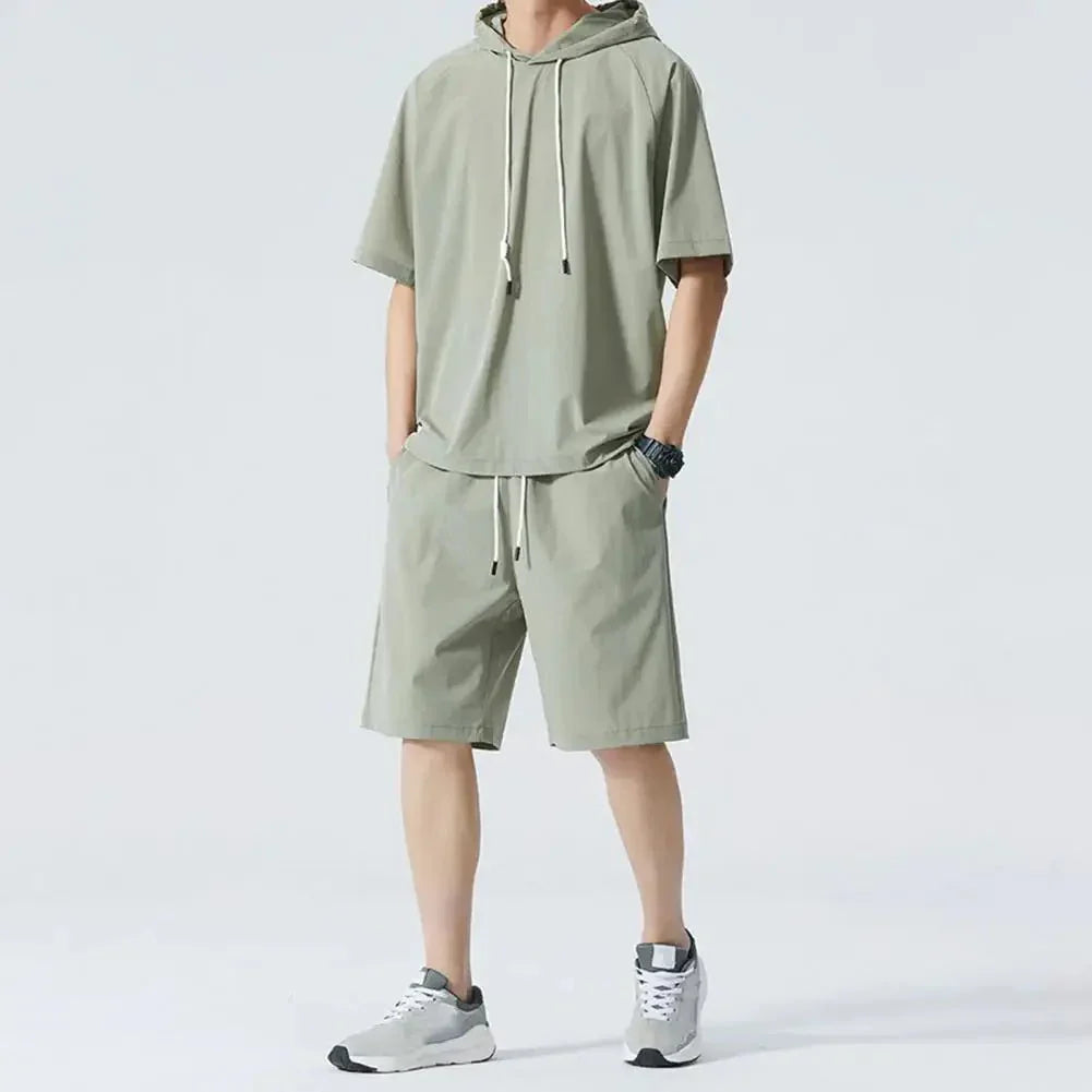 Men's Short Sleeve Hoodie Two Piece Set with Shorts