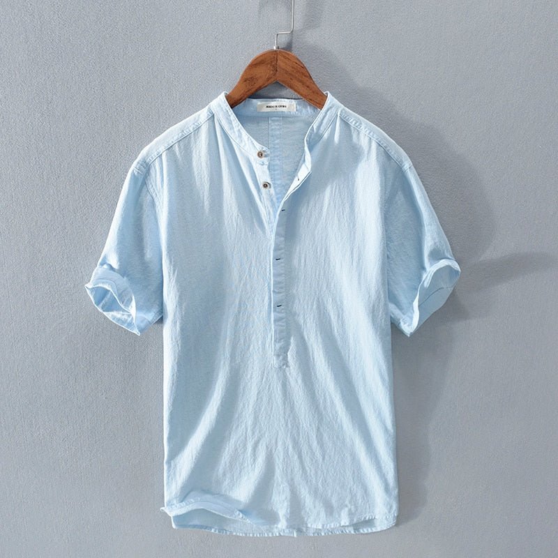 Men’s Short Sleeve Open - Neck Linen Summer Shirt – Relaxed Lightweight Silhouette
