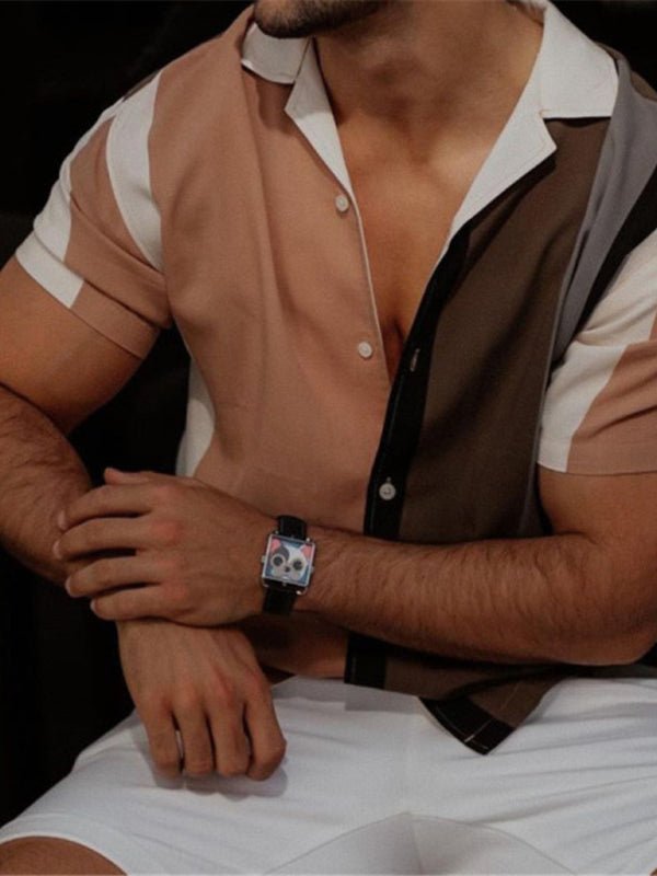 Men’s Short Sleeve Striped Button Shirt – Modern Resort Style with Relaxed Fit