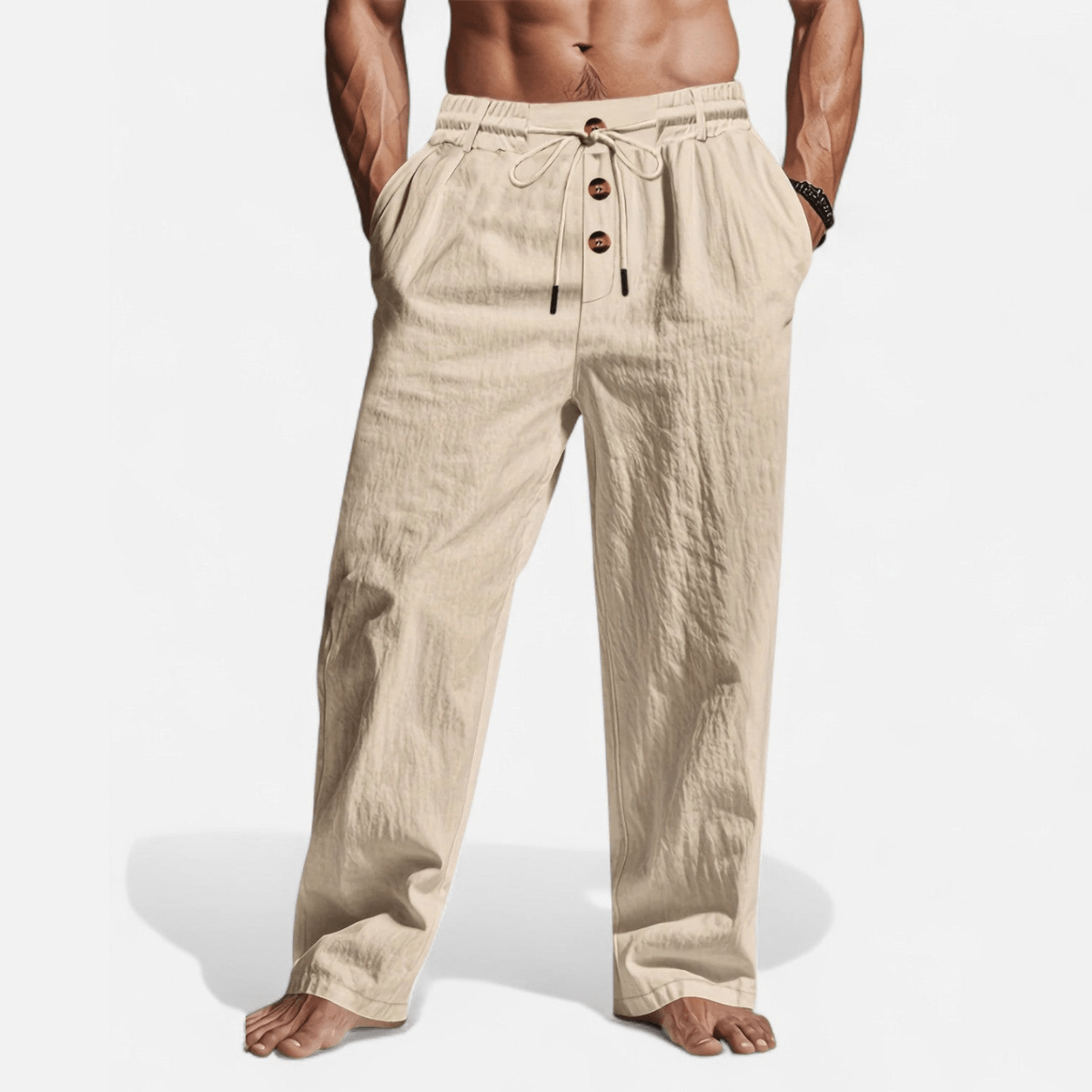 Men’s Straight - Leg Linen Pants with Elastic Waistband, Drawstring, and Button Detail