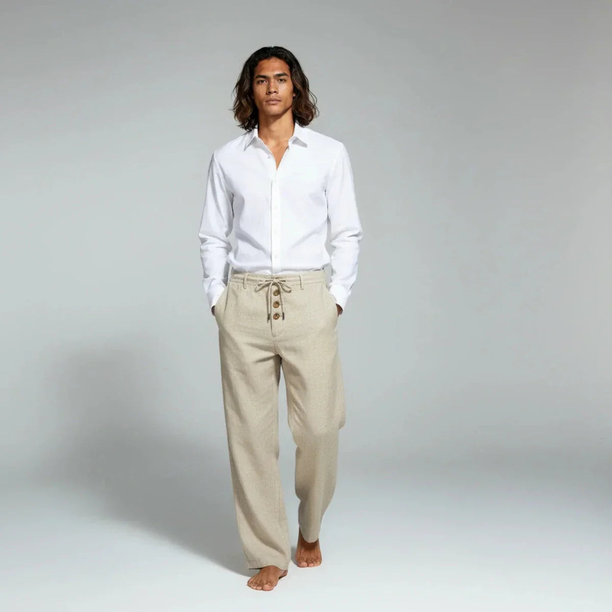 Men’s Straight - Leg Linen Pants with Elastic Waistband, Drawstring, and Button Detail