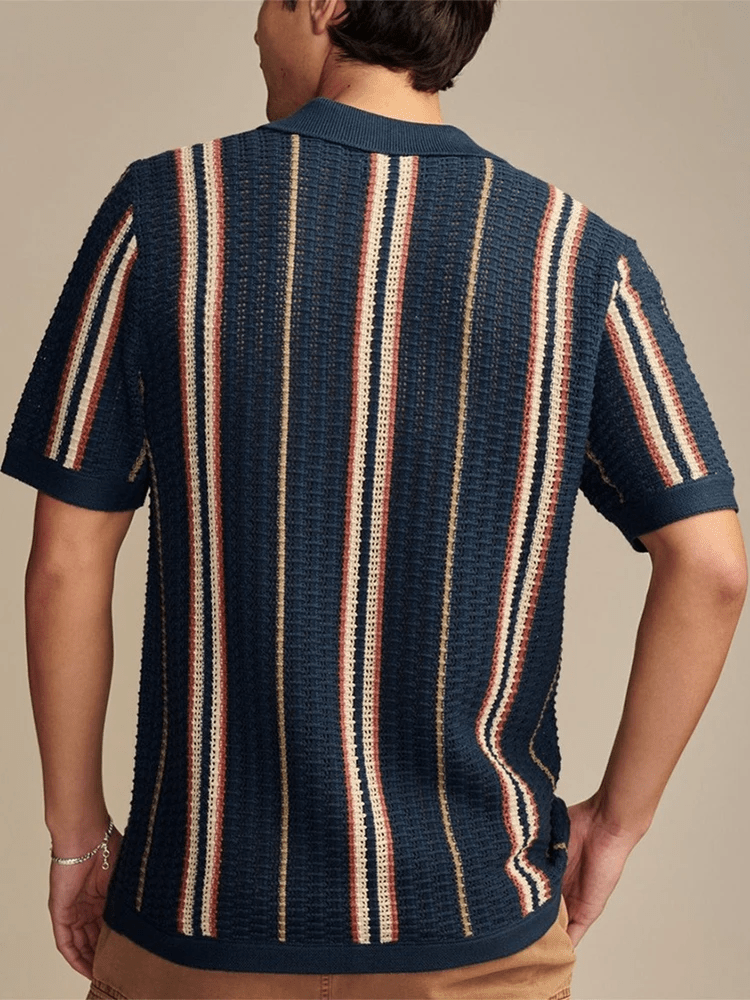 Men's Striped Knit Short Sleeve Polo Button - Up