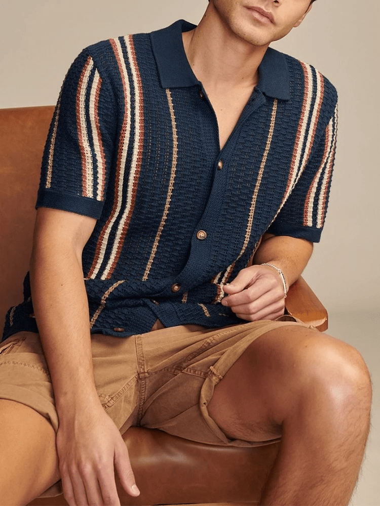 Men's Striped Knit Short Sleeve Polo Button - Up