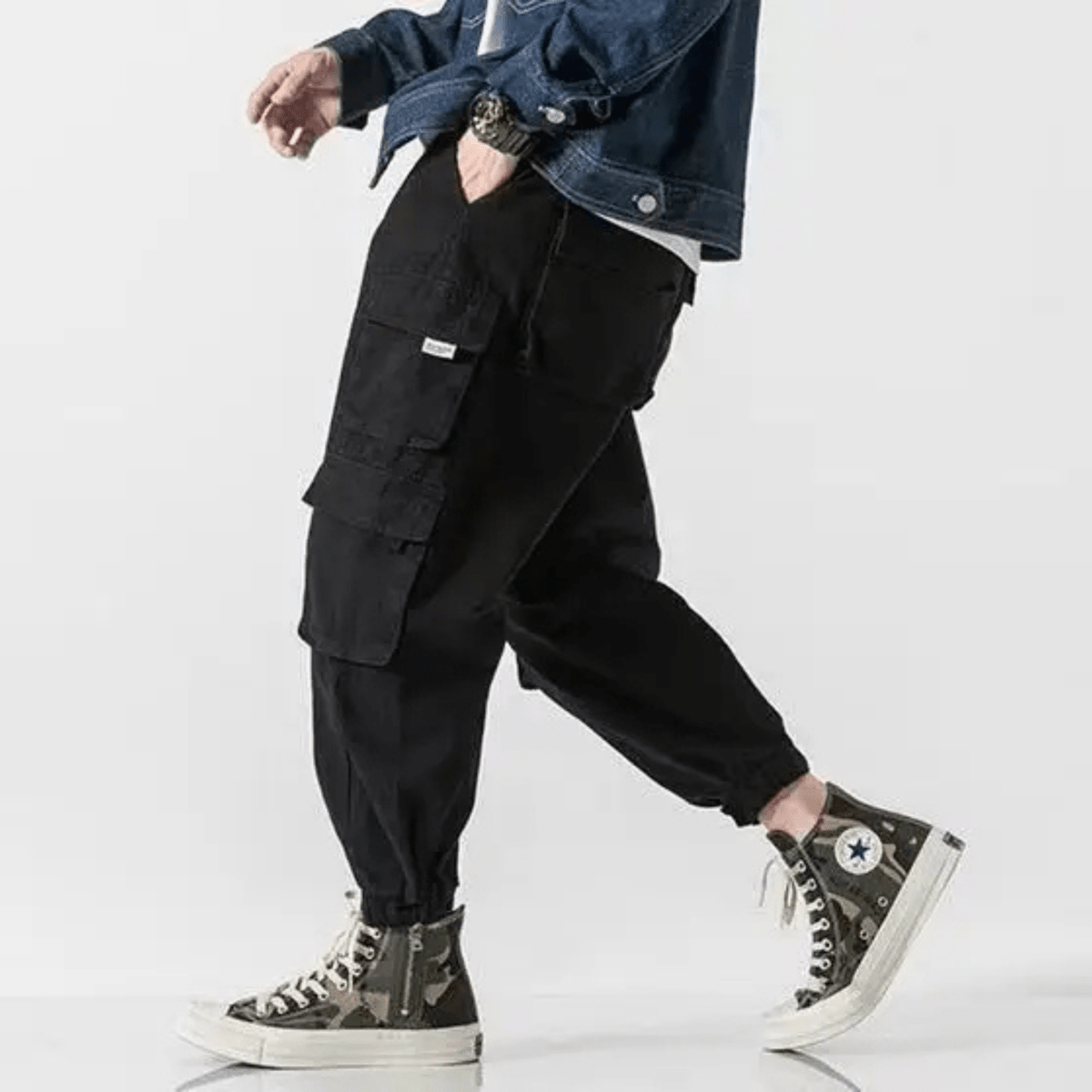 Men's Tapered Cargo Pants with Multiple Pockets - Elastic Cuffs