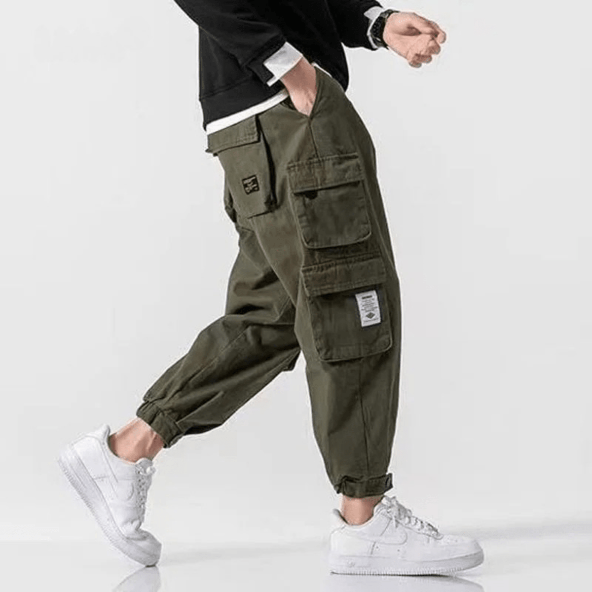 Men's Tapered Cargo Pants with Multiple Pockets - Elastic Cuffs