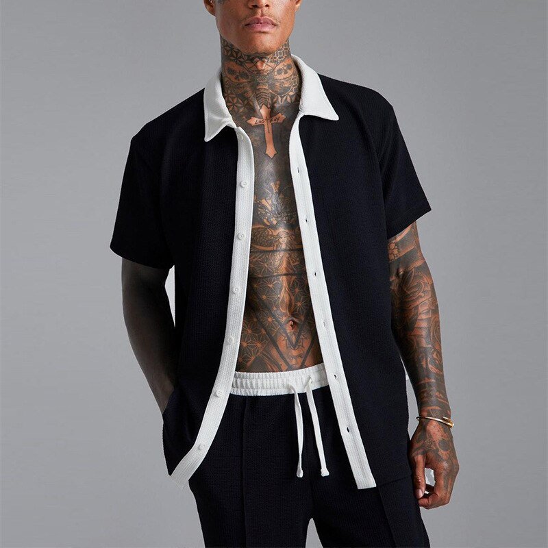 Men’s Two - Piece Summer Short Set – Short Sleeve Button - Through Shirt and Relaxed Drawstring Shorts