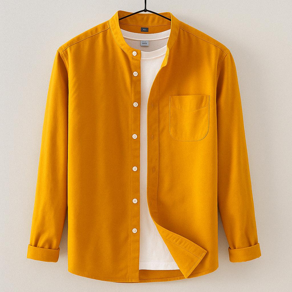 Men's Band Collar Button Down Shirt - Long Sleeve Chest Pocket