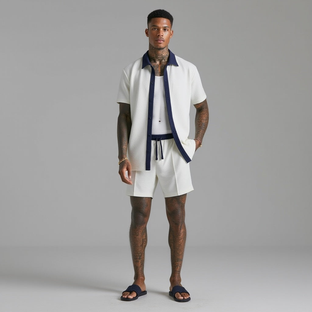 Men’s Two-Piece Summer Short Set – Short Sleeve Button-Through Shirt and Relaxed Drawstring Shorts