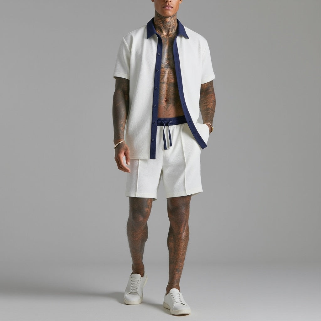 Men’s Two-Piece Summer Short Set – Short Sleeve Button-Through Shirt and Relaxed Drawstring Shorts
