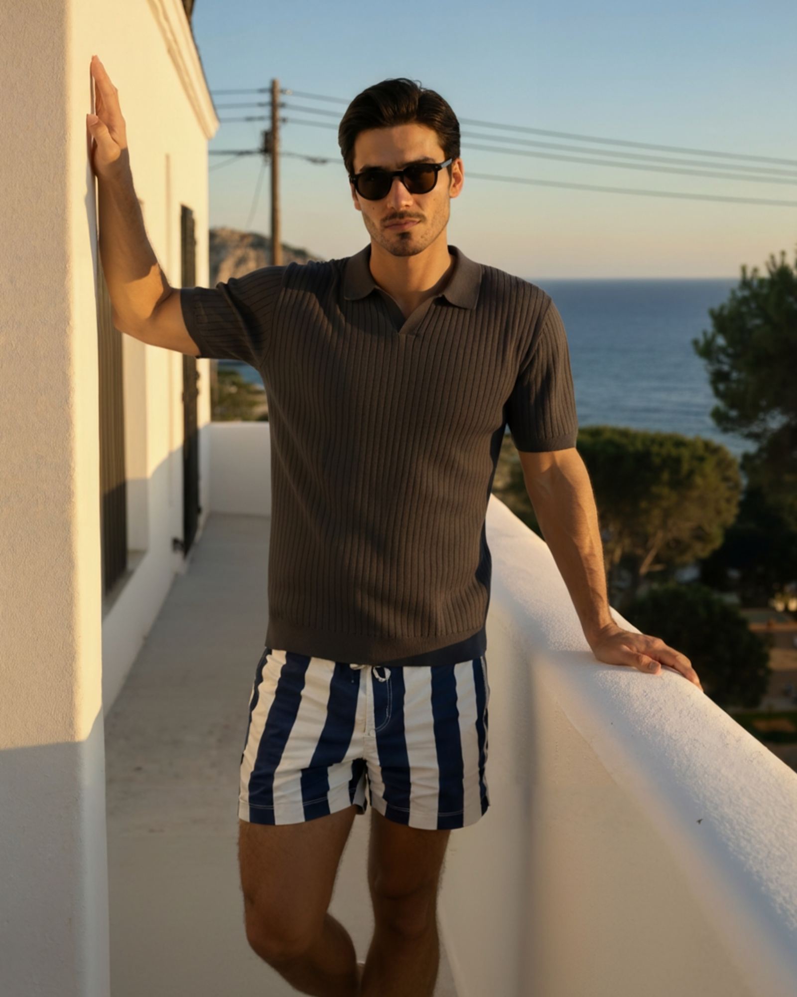 Men’s Ribbed Short Sleeve Polo Shirt with Open Collar