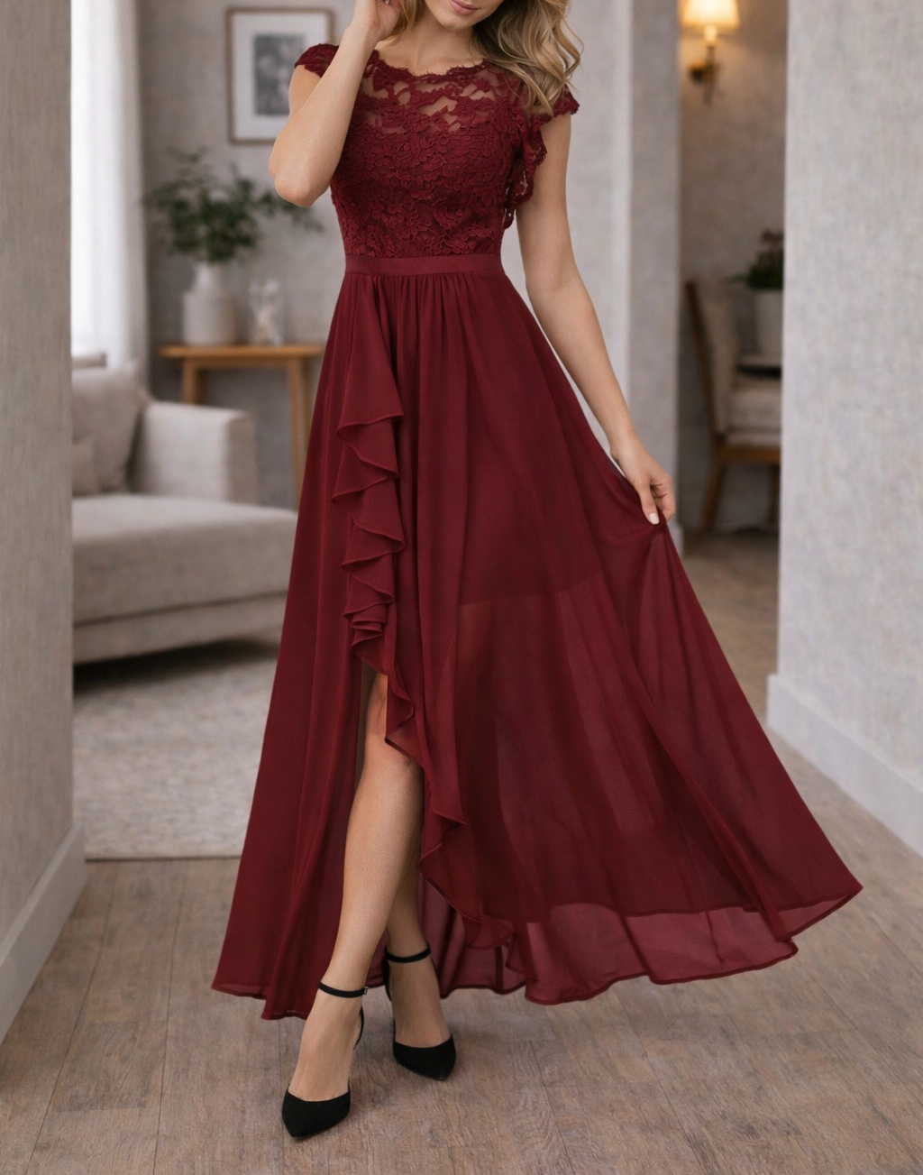 Robe maxi à corsage en dentelle et ourlet asymétrique à volants pour femmes