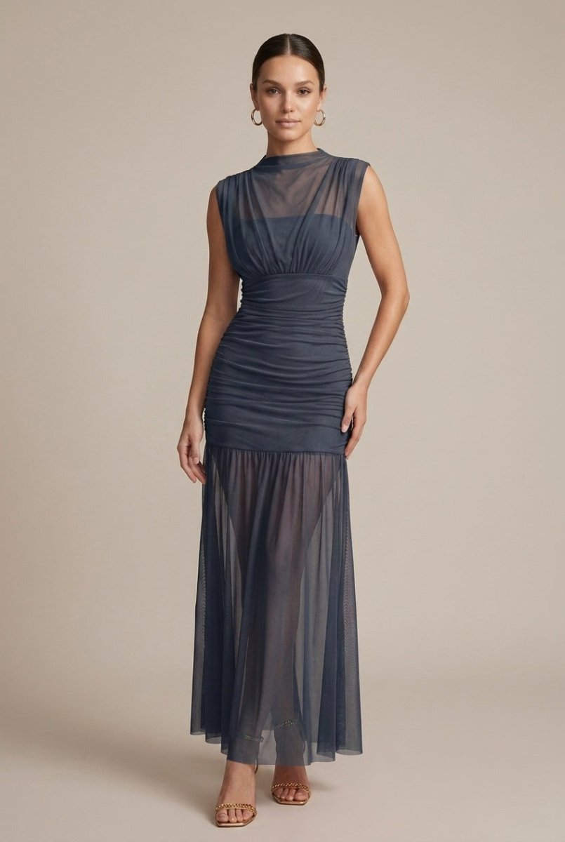 Sleeveless Mesh Drop Waist Maxi Dress – Ruched Body with Sheer Flared Hem