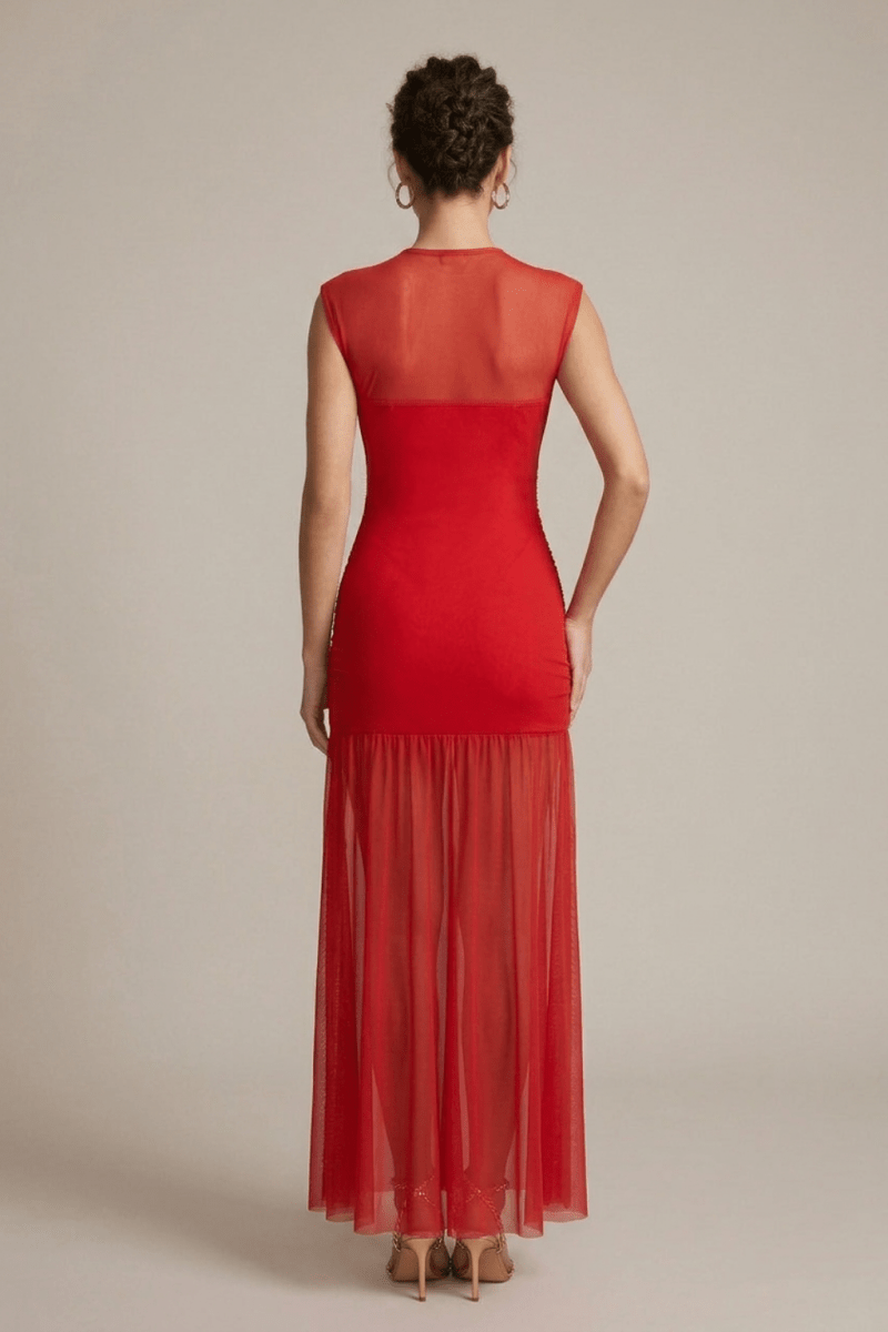 Sleeveless Mesh Drop Waist Maxi Dress – Ruched Body with Sheer Flared Hem