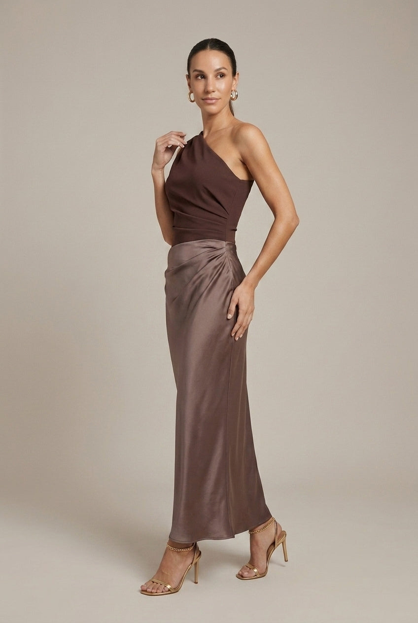 Women's One-Shoulder Satin Pleated Formal Maxi Dress