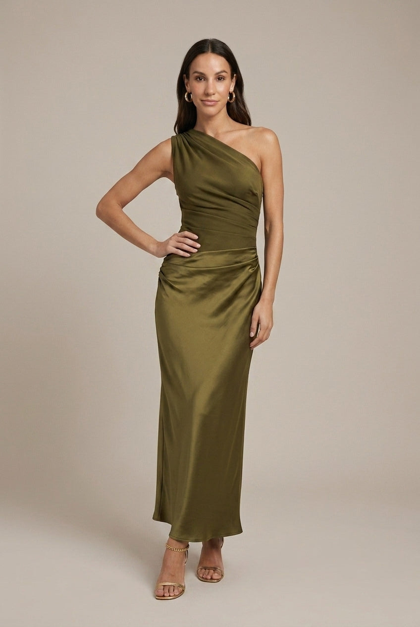Women's One-Shoulder Satin Pleated Formal Maxi Dress