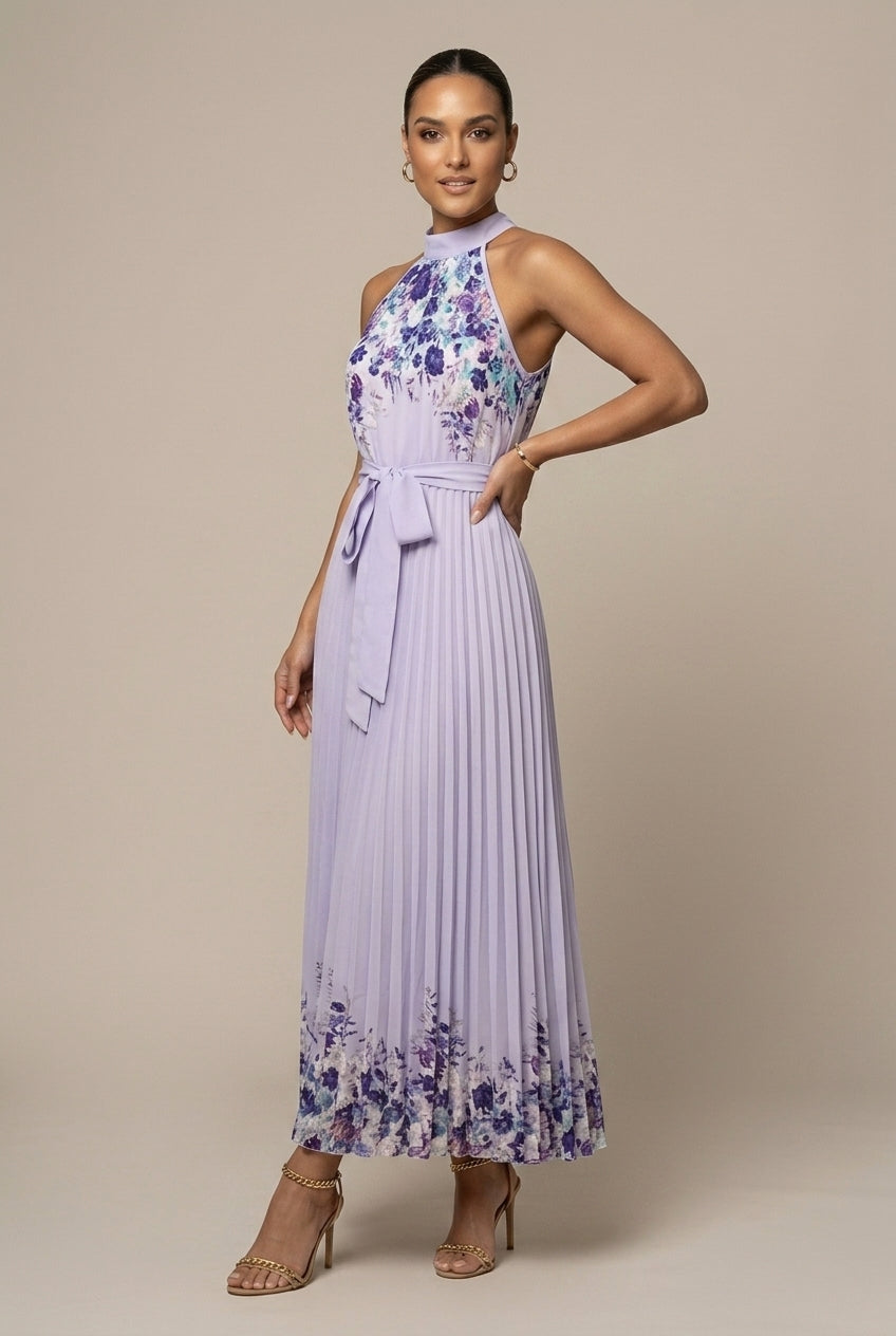 Women's Maxi Dress Floral Print Pleated Tie Waist Sleeveless