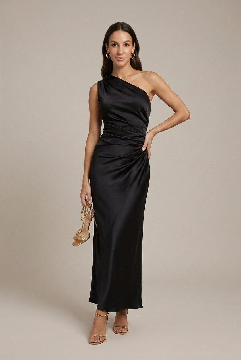 Women's One-Shoulder Satin Pleated Formal Maxi Dress