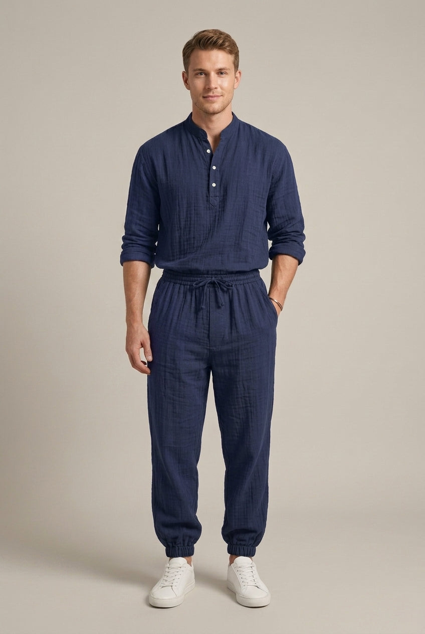 Men's Linen Two Piece Set - Long Sleeve V-Neck Henley Shirt and Jogger Pants with Drawstring