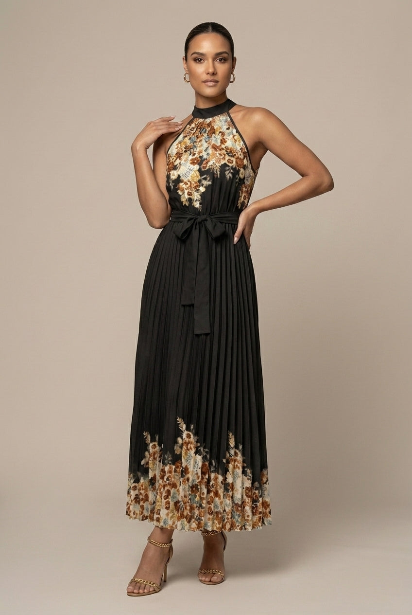 Women's Maxi Dress Floral Print Pleated Tie Waist Sleeveless