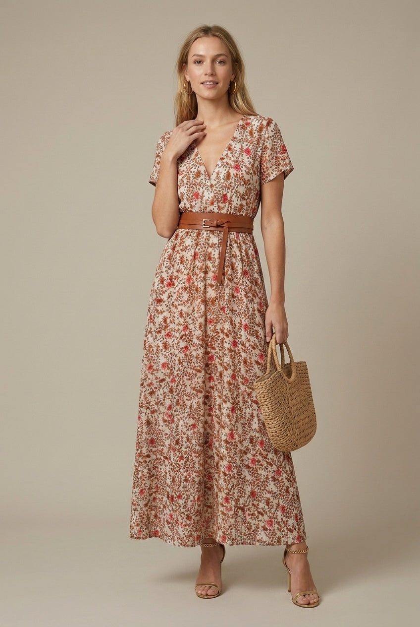 Women's Floral Maxi Dress - V Neck Short Sleeve A-Line