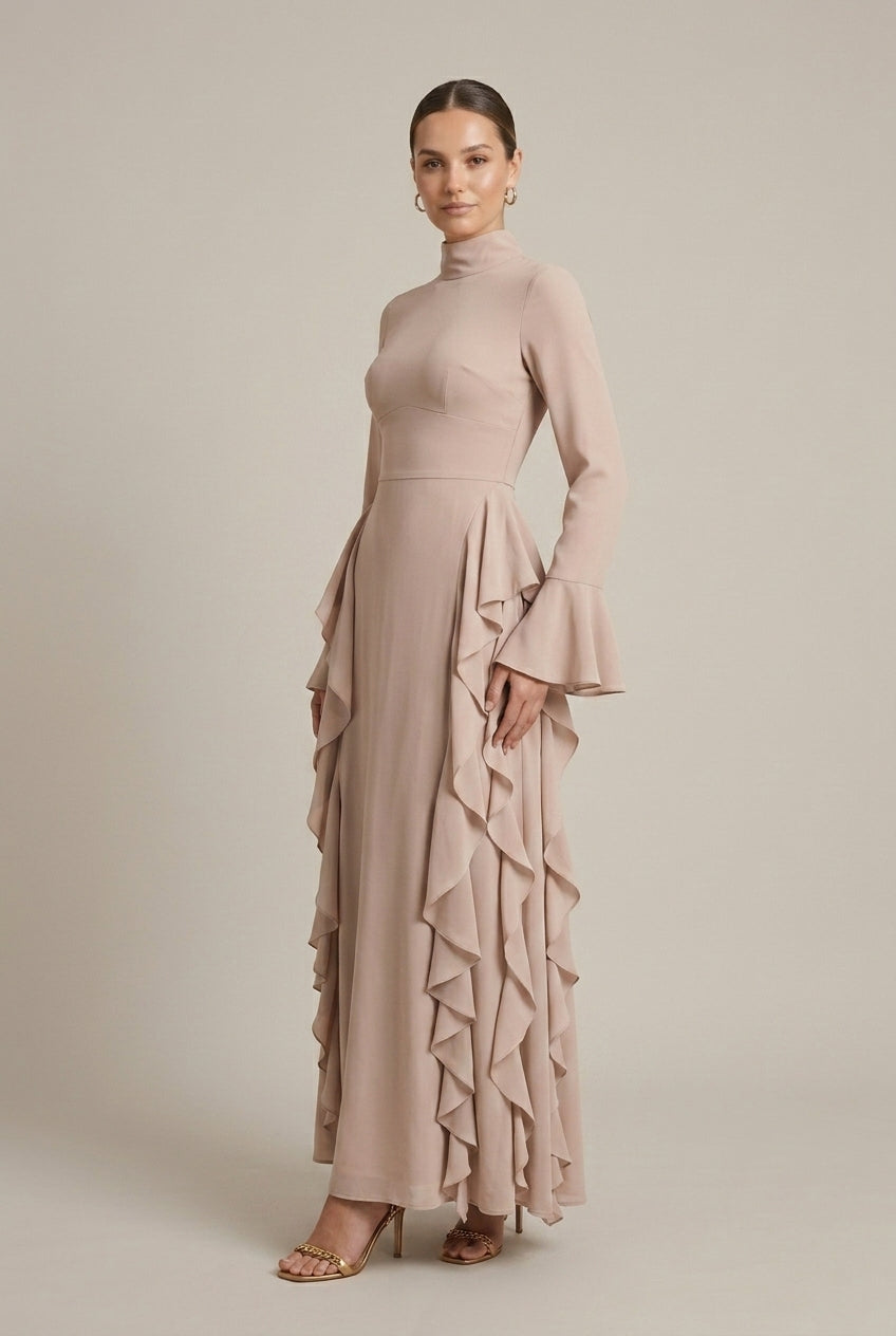 Women's High Neck Long Sleeve Ruffle Bodycon Dress