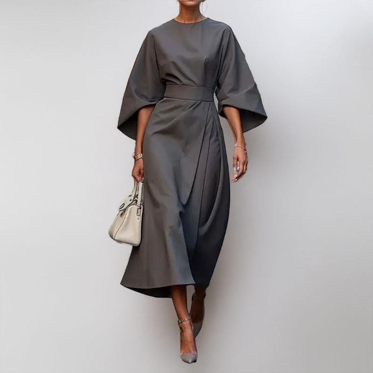 Women’s Batwing Sleeve Maxi Dress with Round Neck and Waist Belt