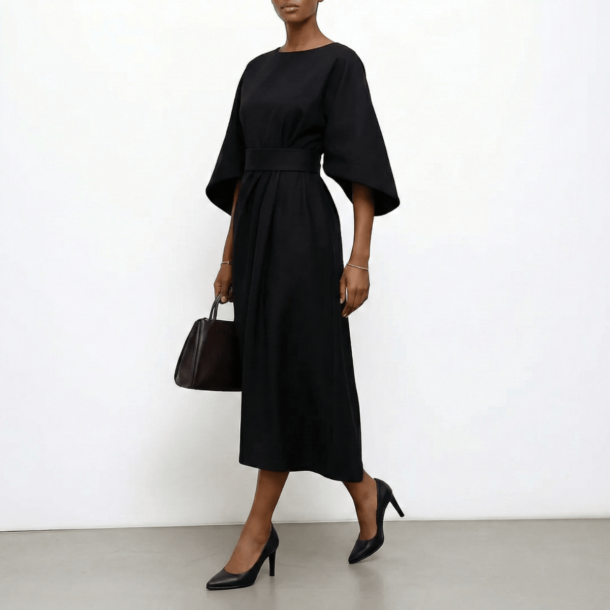 Women’s Batwing Sleeve Maxi Dress with Round Neck and Waist Belt