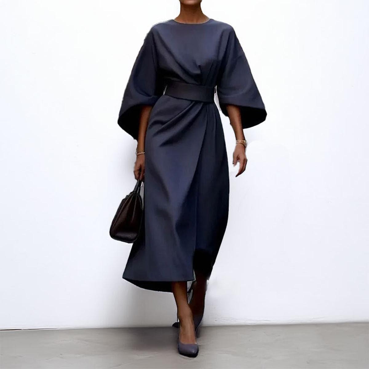 Women’s Batwing Sleeve Maxi Dress with Round Neck and Waist Belt