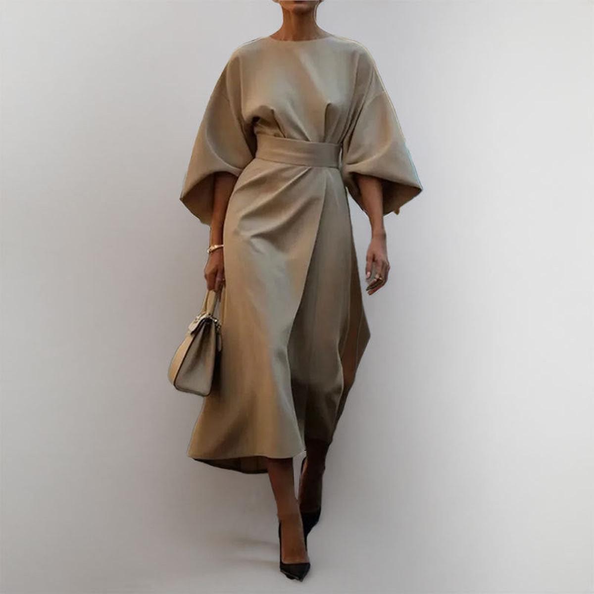 Women’s Batwing Sleeve Maxi Dress with Round Neck and Waist Belt