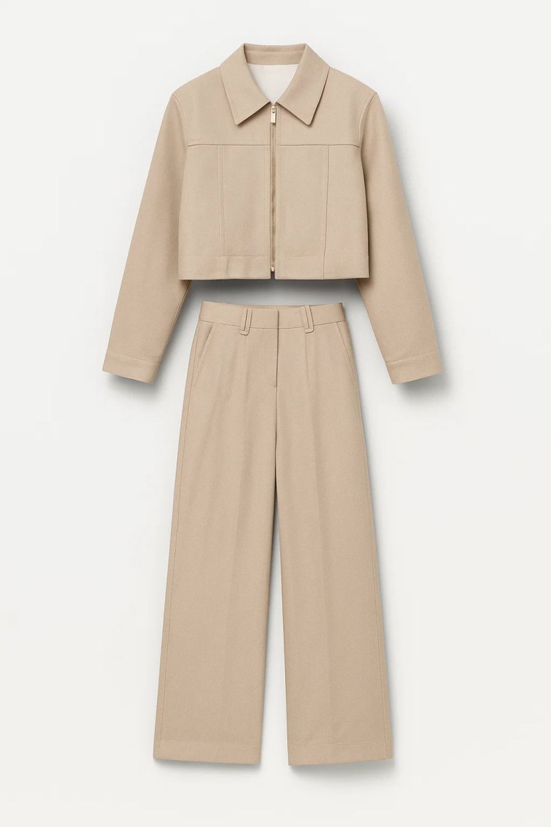 Women’s Beige Two - Piece Set – Cropped Zip - Up Jacket and Wide - Leg Pants