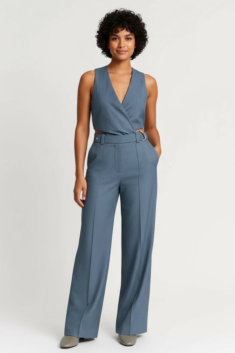 Women’s Blue Two - Piece Set – Sleeveless Wrap Top and High - Waisted D - Ring Pants
