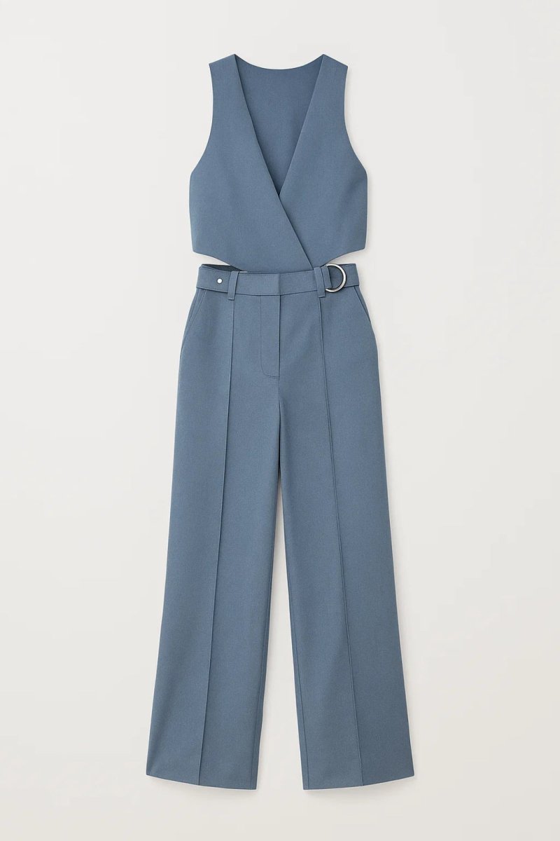 Women’s Blue Two - Piece Set – Sleeveless Wrap Top and High - Waisted D - Ring Pants