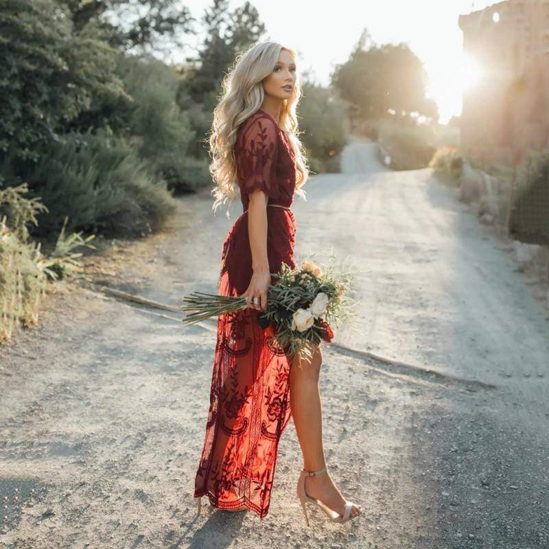 Women’s Boho Lace Maxi Dress – Romantic Sheer Overlay with Elegant Silhouette