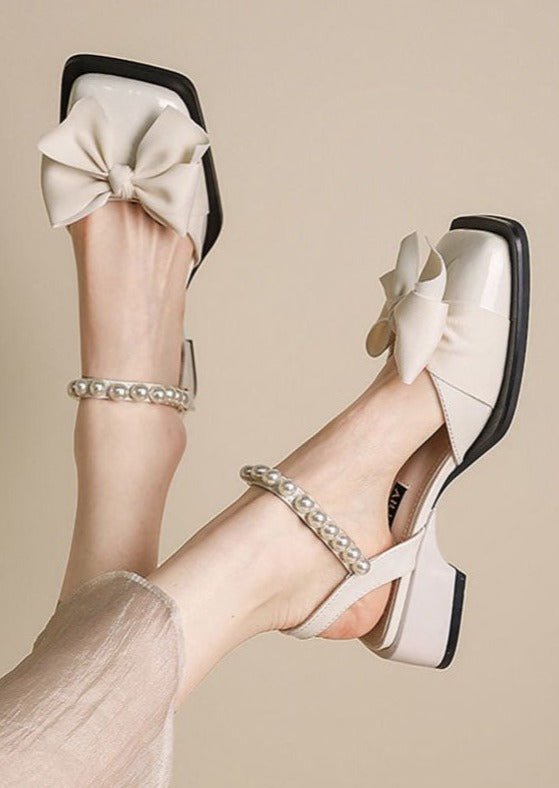 Women’s Bow Embellished Square Toe Slingback Sandals – Pearl Strap Detail