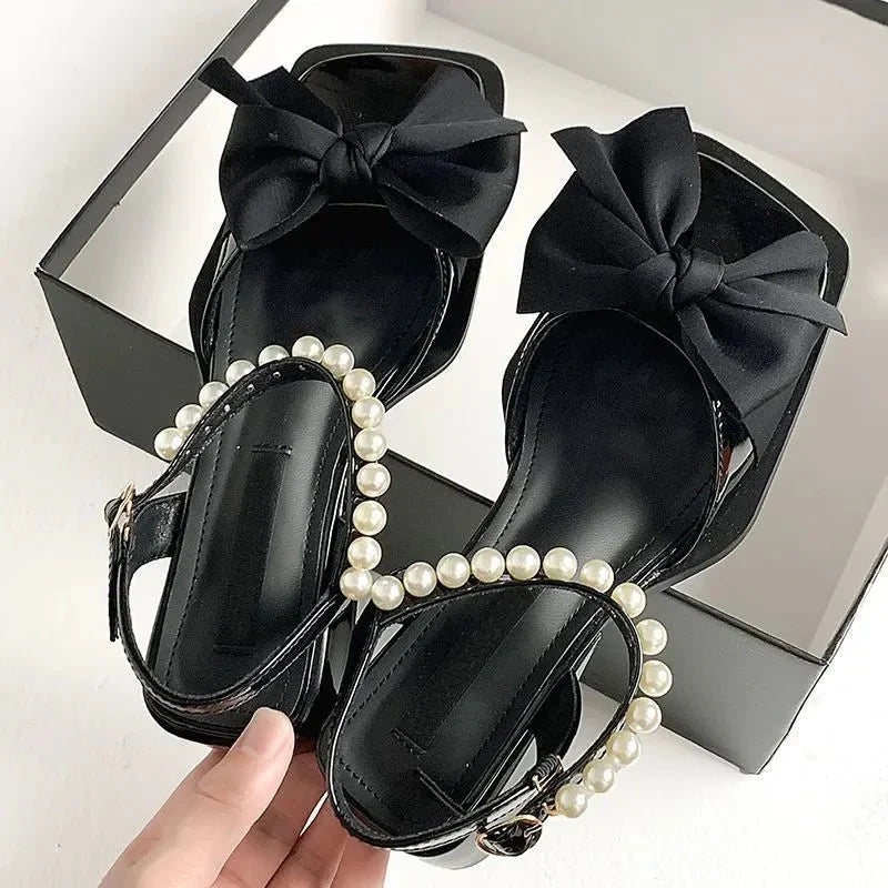 Women’s Bow Embellished Square Toe Slingback Sandals – Pearl Strap Detail