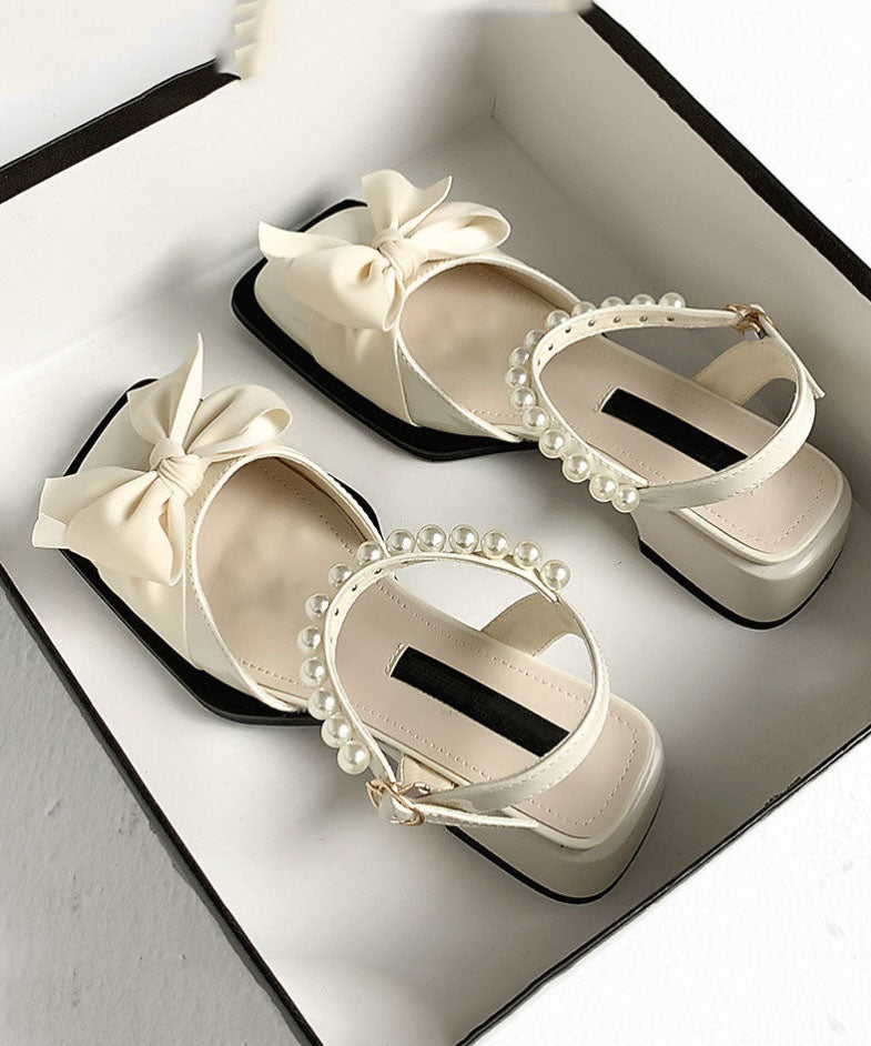 Women’s Bow Embellished Square Toe Slingback Sandals – Pearl Strap Detail