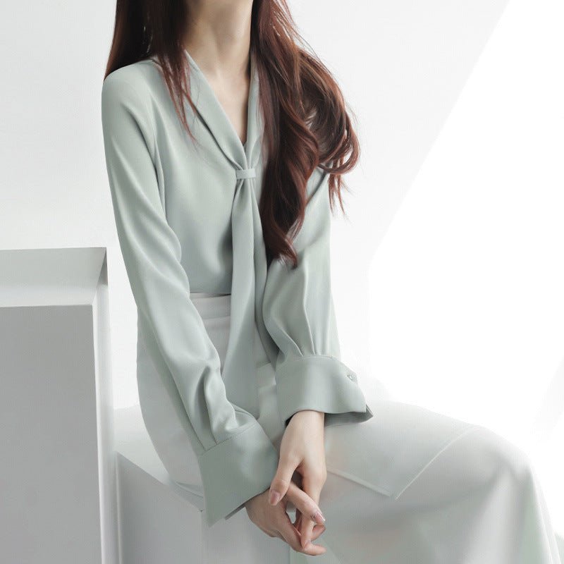 Women’s Bow - Tie V - Neck Long Sleeve Blouse